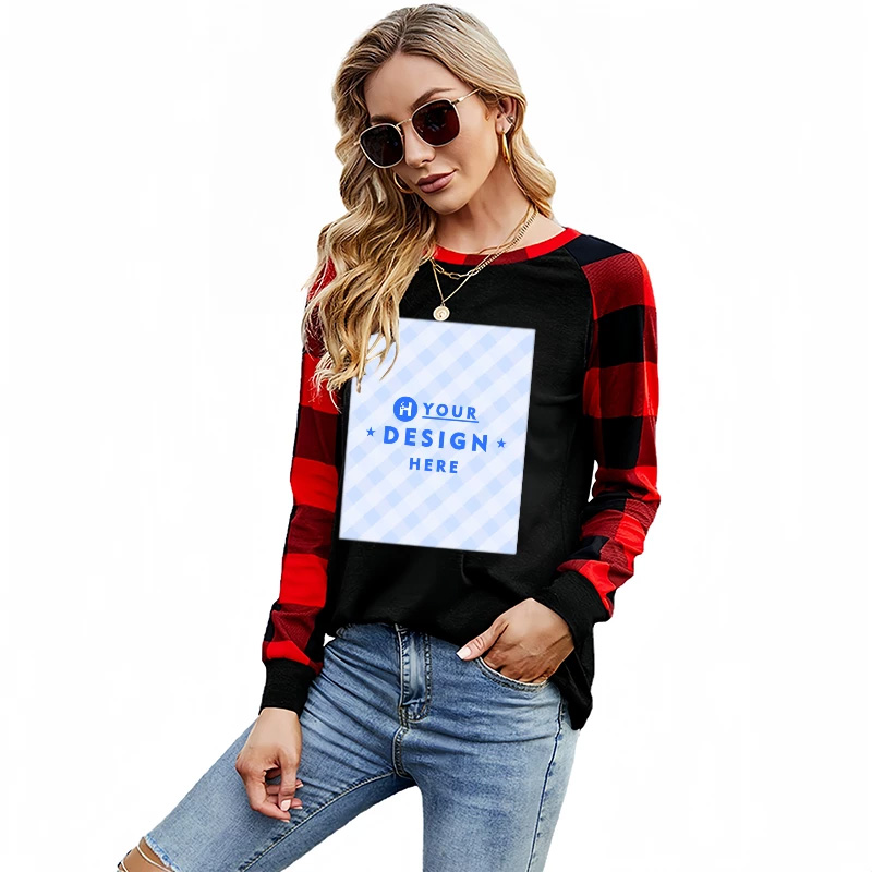 Round Neck Plaid Long-Sleeved T-Shirt