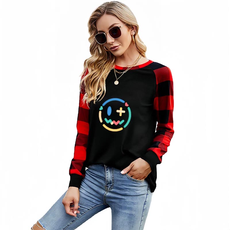 Round Neck Plaid Long-Sleeved T-Shirt